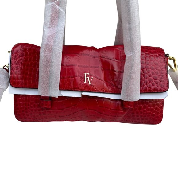 Frances Valentine Red Croc-Embossed Leather Shoulder Bag Long Strap Snap Closure - Picture 2 of 15